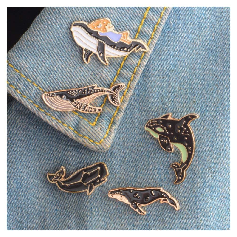5-Piece Cute Cartoon Enamel Pin Set - Punk Brooches & Lapel Pins for Women, Girls & Kids - Whale Design - Costume, Clothing & Bag Accessories - Perfect for School, Gifts & Fashion Outfits