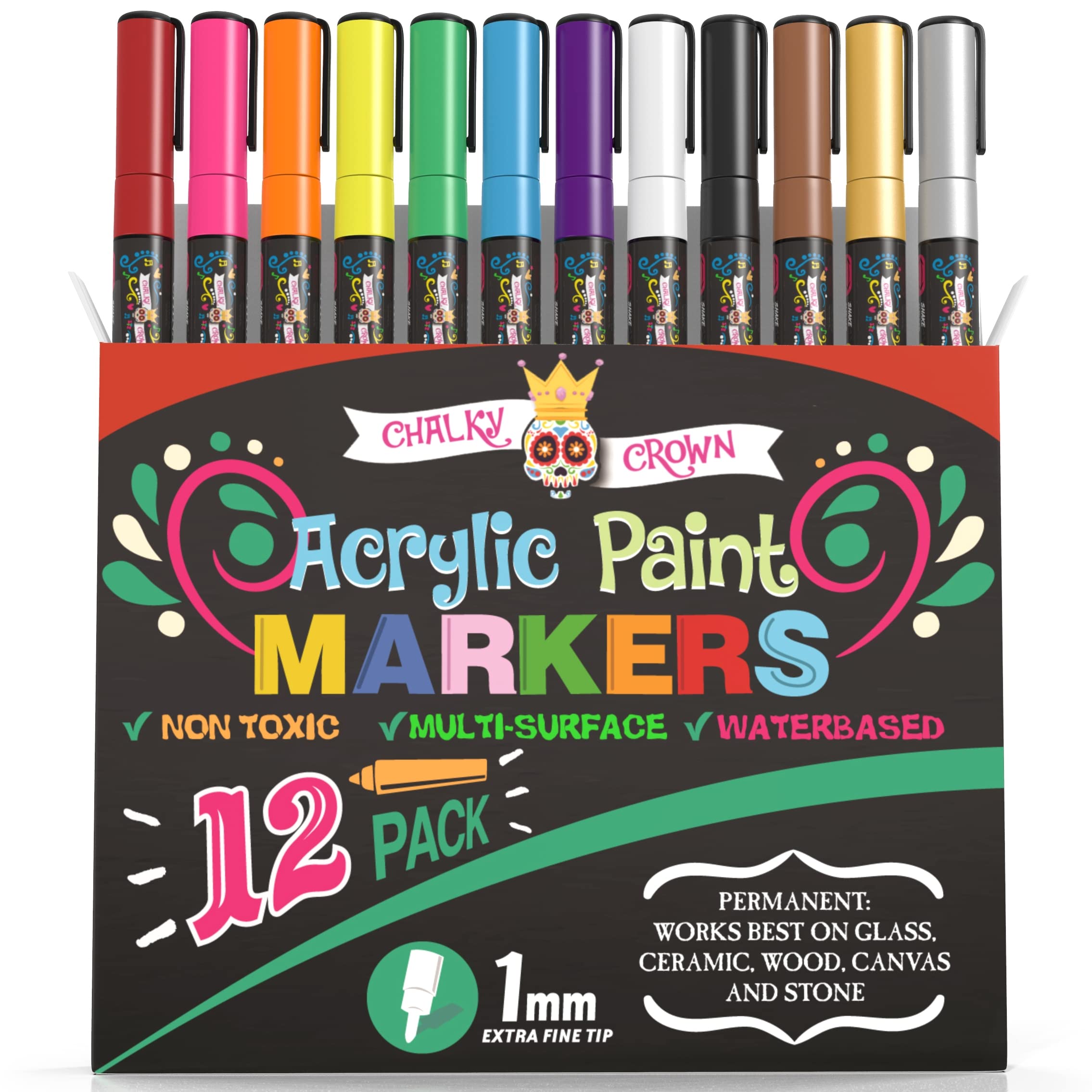Chalky Crown 12 Pack Acrylic Paint Markers 1mm Fine Tip - Rock Painting, Ceramic, Glass & Wood Art Supplies - Perfect for DIY Crafts, Home Decor & Gift Making
