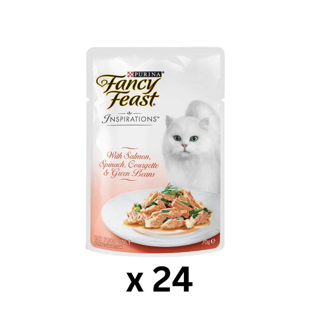 24-Pack Fancy Feast Inspirations 70g Cat Food Variety Pack - Chicken, Courgette, Tomato, Tuna, Beef & Salmon - Delicious & Nutritious Wet Cat Food for Adult Cats - Perfect for Mealtime, Travel & Treats