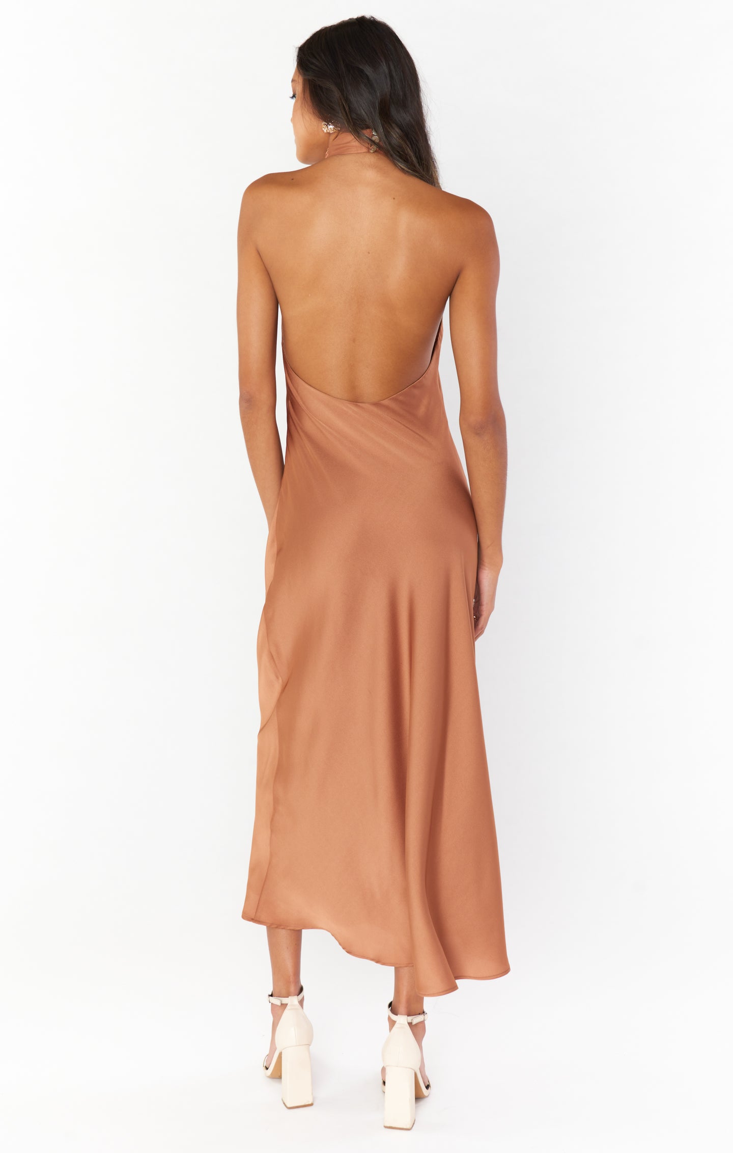 Elegant Jasmine Halter Midi Dress in Copper Luxe Satin - Perfect for Summer Weddings & Cocktail Parties