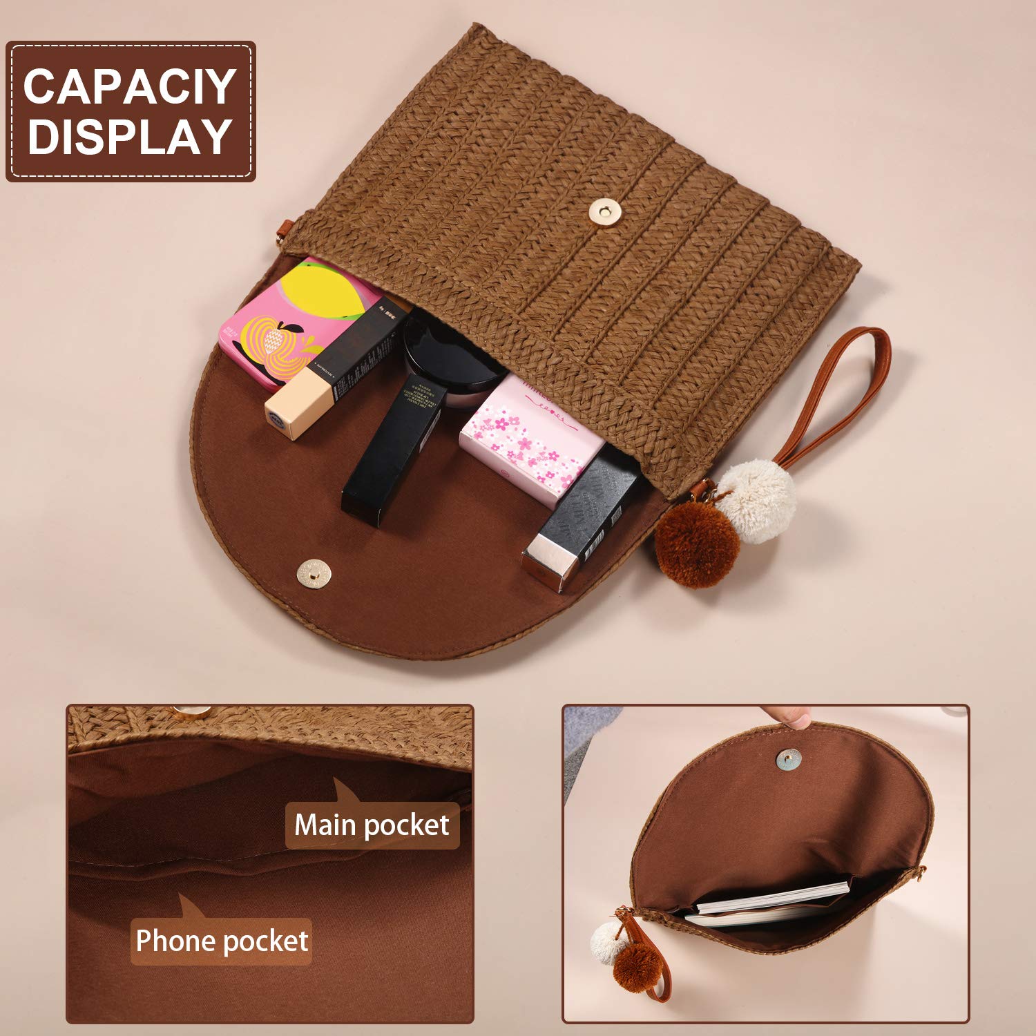 Stylish Frienda Straw Shoulder Bag for Women - Woven Straw Clutch Crossbody Wallet Purse - Perfect for Beach Vacations, Summer Outings & Boho Fashion
