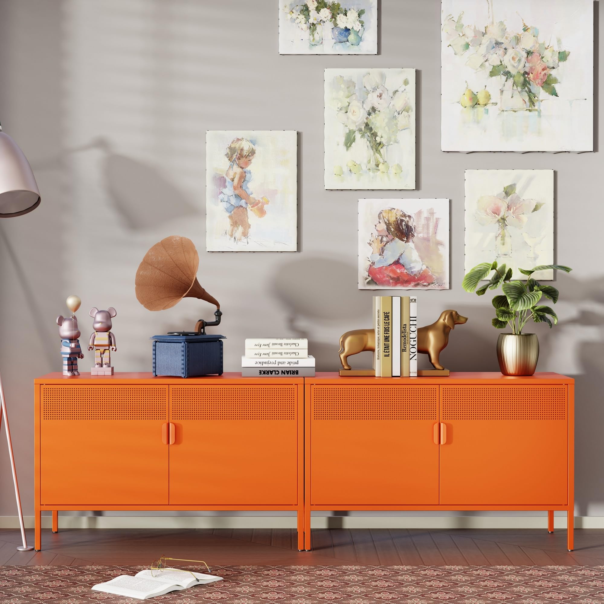 Orange Wide Metal Locker Storage Cabinet - 2 Door Industrial Style Cabinet for Home & Office Organization - 2 Tier Low Profile Metal Cabinet with Adjustable Shelf - Perfect as TV Stand, Entryway Storage or Dorm Room Furniture