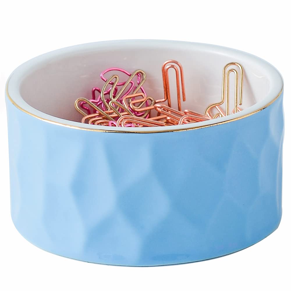Ceramic Paper Clip Holder - Round Desk Organizer for Binder Clips & Office Supplies, Cute Gold Line Design (Blue) - Perfect for Office, Home & School Organization