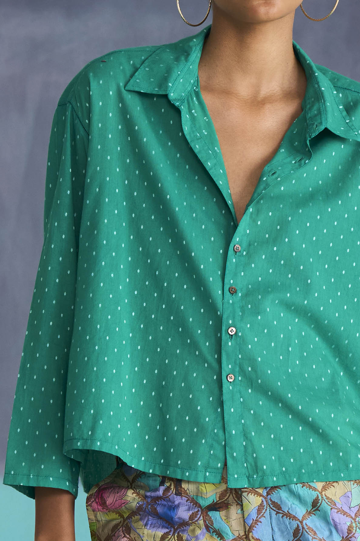 Classic Cropped Shirt Women's Short Sleeve Cotton Dobby Shirt in Aqua Green | Casual Summer Top for Beach, Vacation & Everyday Wear