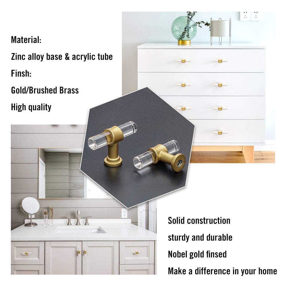 50 Pack Goldenwarm Brushed Brass Cabinet Knobs - LS9165GD Crystal Clear Acrylic Dresser Pull Handles for Kitchen, Bathroom & Furniture Upgrade (Gold Finish)