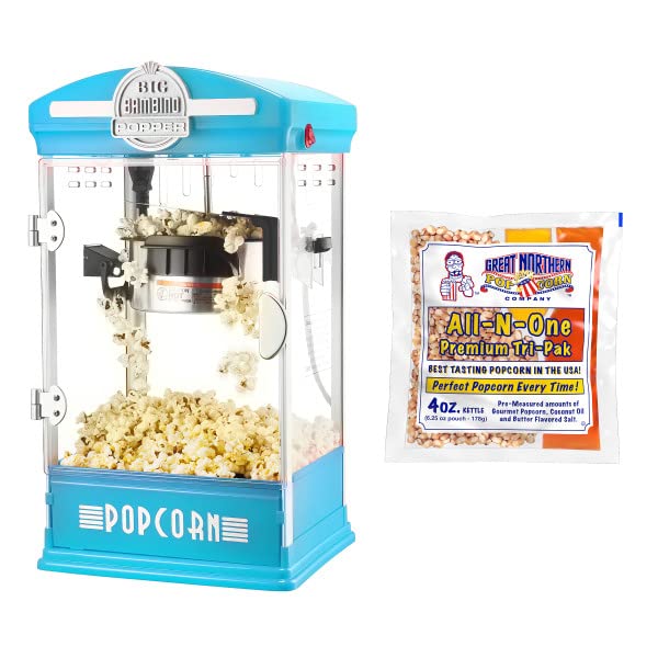 **Great Northern Popcorn Big Bambino 4 Oz Kettle Popcorn Machine with 12 All-In-One Popcorn Kernel Packets, Scoop & Bags – Blue – Perfect for Movie Nights, Parties & Home Theater Snacks**