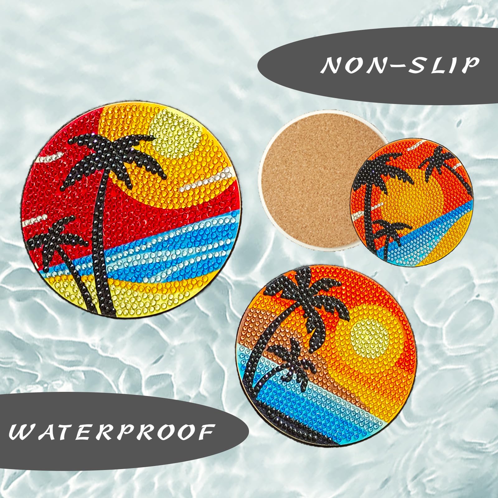 Diamond Painting Coasters Kit - 6 Pcs Sunset DIY Diamond Art with Holder & Cork Pad, Non-Slip Coasters for Beginners & Adults, Perfect Gift for Kids - Ideal for Home Decor, Coffee Table & Craft Projects