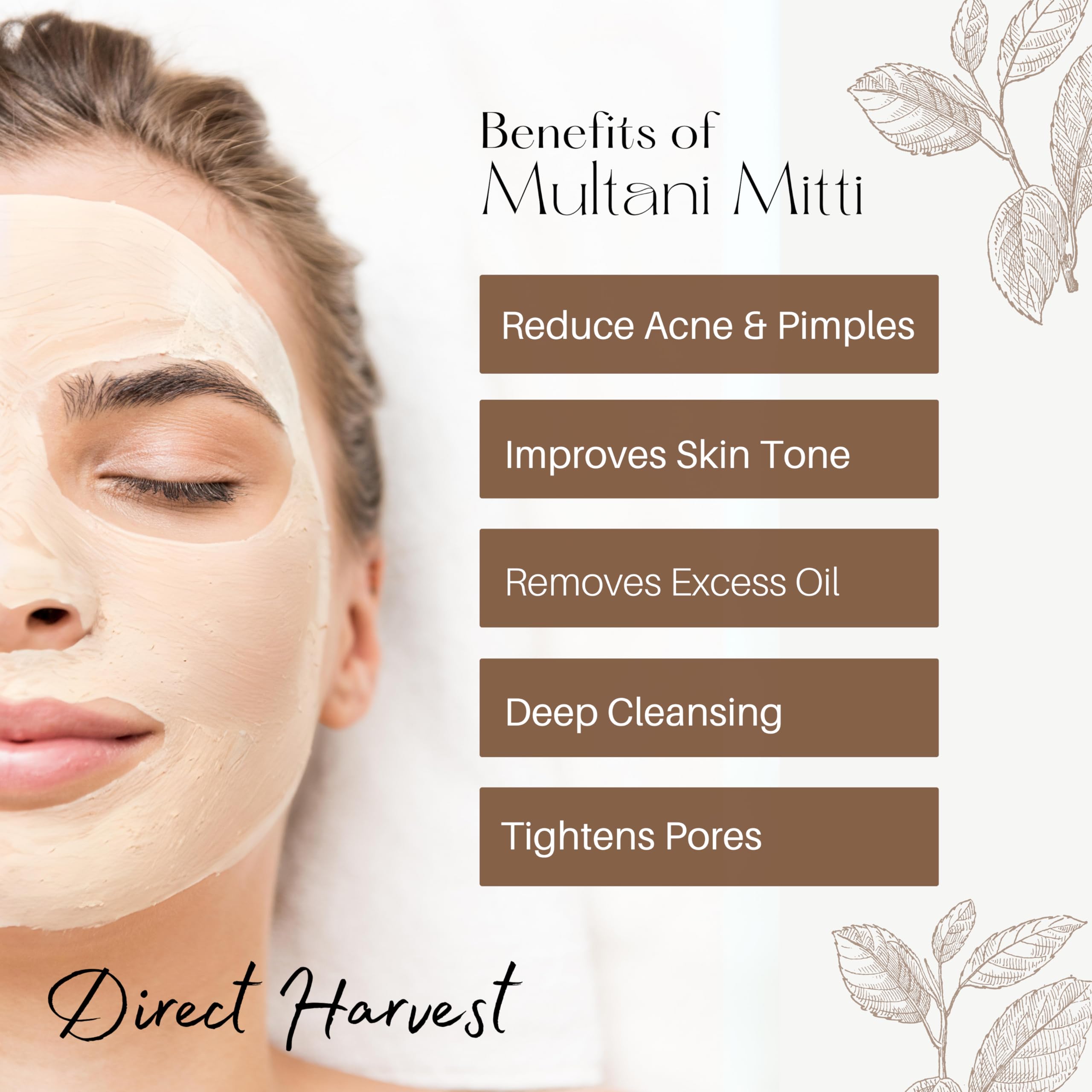 DirectHarvest Multani Mitti Powder 250g - Pure Fuller's Earth Clay for Face Mask & Skin Detox | Natural Bentonite Clay for Glowing Skin, Acne Treatment & Deep Cleansing | Perfect for DIY Spa, Facials & Beauty Routine