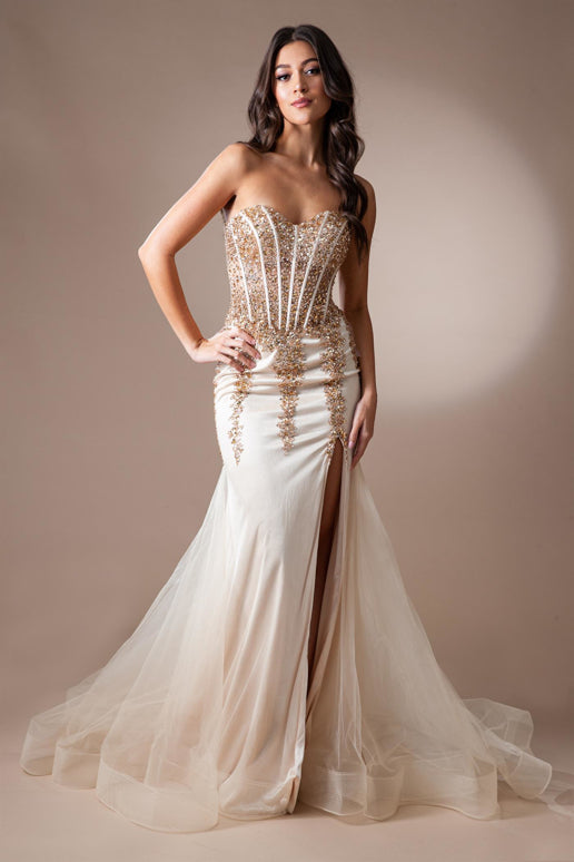 Blakely Gown Champagne Strapless Embellished Corset Tulle Dress - Elegant Evening Gown for Prom, Wedding & Special Occasions
