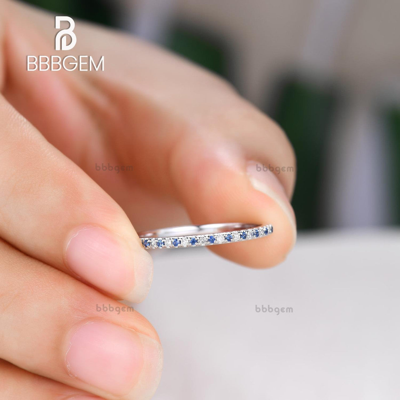 Natural Blue Sapphire Diamond Wedding Ring - 14K White Gold Anniversary Band for Women - Elegant Stackable Ring for Bridal, Engagement, or Everyday Wear