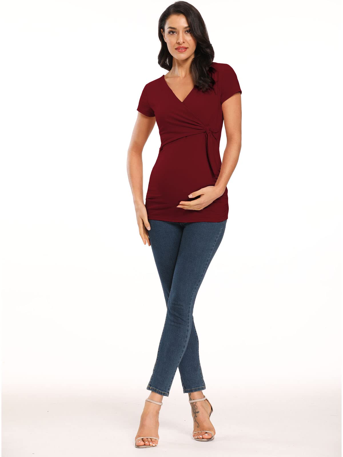 Glampunch Women's Maternity Shirts - Soft & Stretchy Short & Long Sleeve Tie Front Wrap Tops for Pregnancy - Perfect for Work, Casual Wear & Maternity Photos