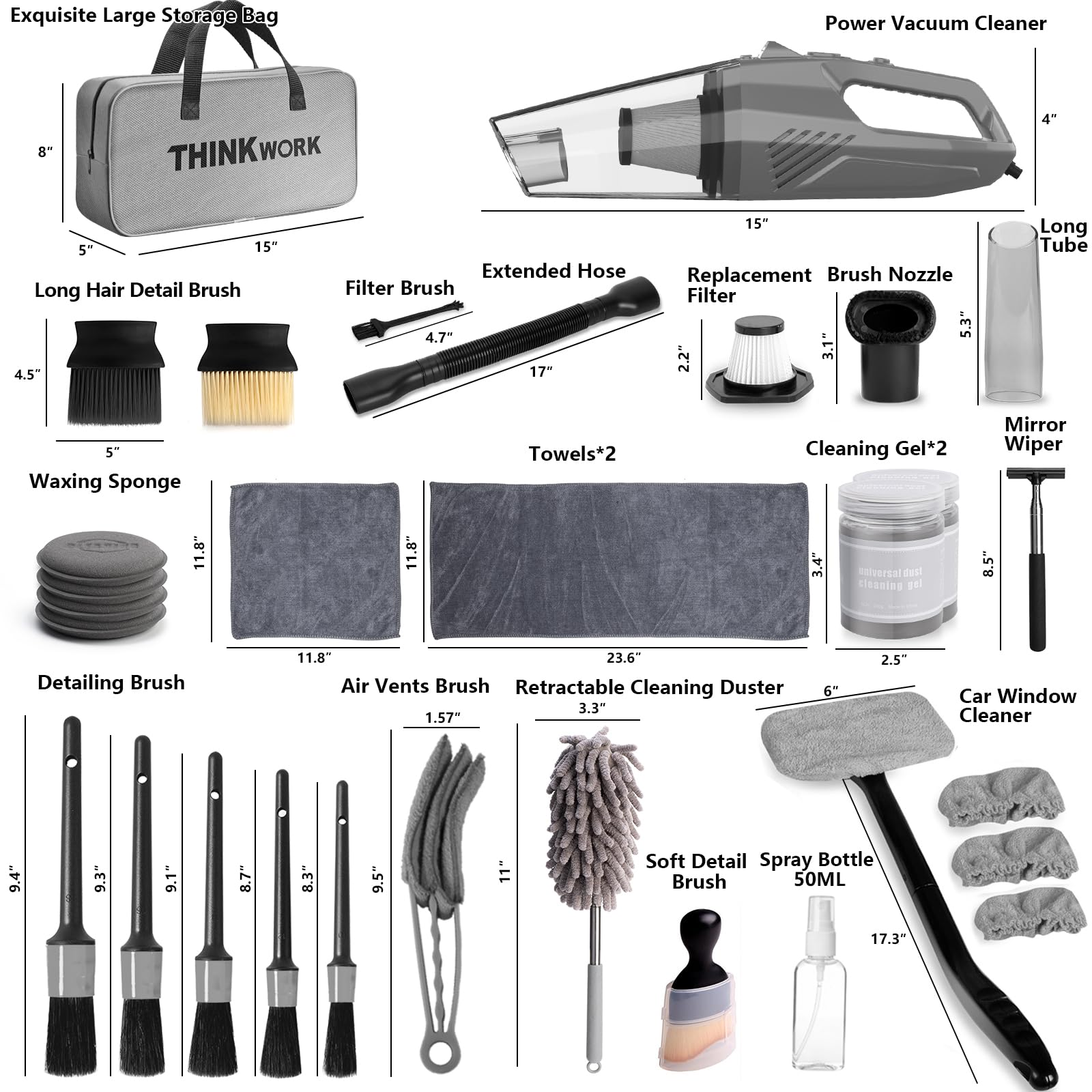 THINKWORK High Power Car Vacuum Cleaner Kit - 10Pcs Detailing Brushes with Storage Bag, Interior Car Cleaning Kit for Men & Women | Perfect for Car Detailing, Home & Office Vehicle Maintenance