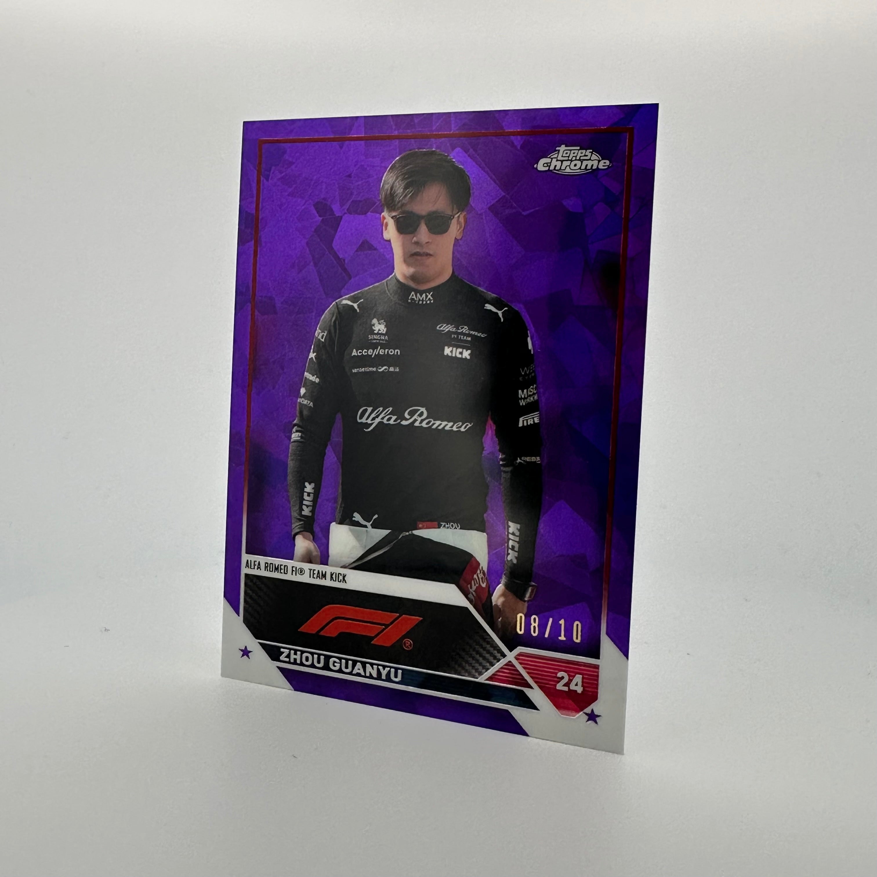 2023 Topps Chrome Sapphire Zhou Guanyu #59 Purple 8/10 - Rare F1 Racing Driver Trading Card for Collectors & Sports Fans
