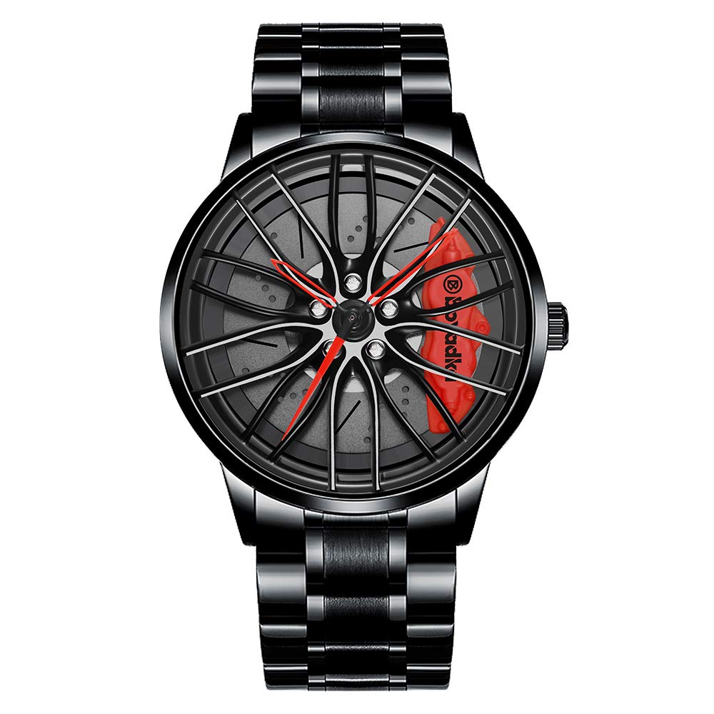 Stainless Steel Car Wheel Watch with Japanese Quartz Movement - Waterproof Sports Wristwatch for Men, Racing Enthusiasts | Perfect for Driving, Motorsports & Everyday Wear