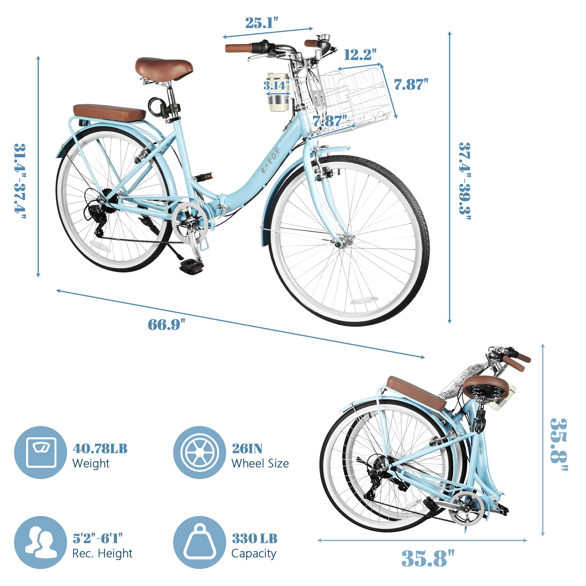 26 Inch Women's Beach Cruiser Bike - 7-Speed Folding Bicycle with Basket & Cup Holder, Steel Frame Commuter Bike for Adults with Dual V-Brakes - Perfect for Beach Rides, City Commuting & Leisure Cycling