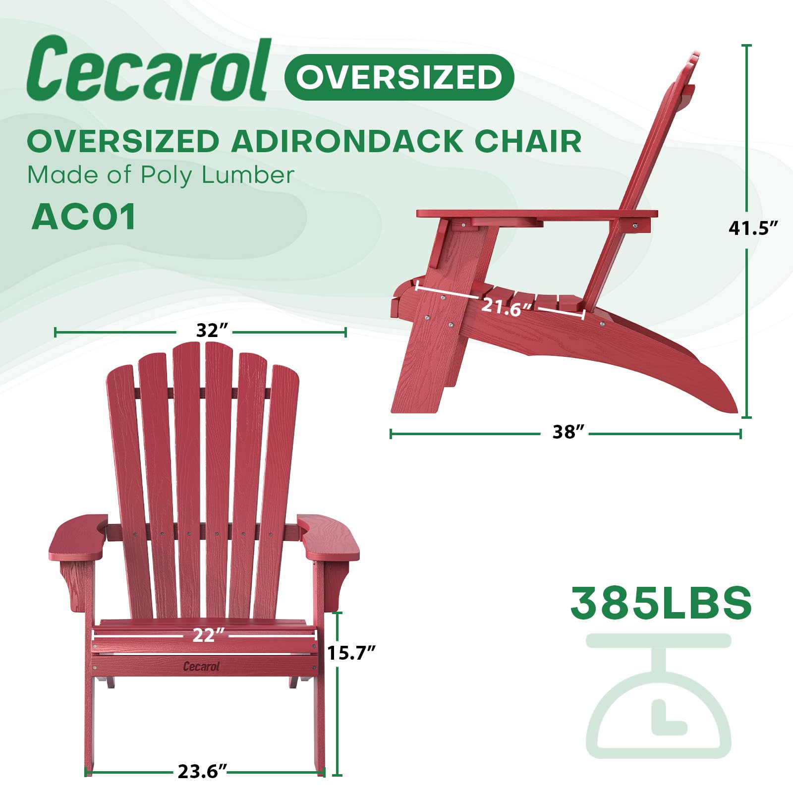**Cecarol Oversized Adirondack Chair - Weather-Resistant Plastic Outdoor Fire Pit Chair with Cup Holder for Patio, Lawn, Garden & Porch - Wood Grain Red (AC01) - Perfect for Relaxing by the Fire or Enjoying Outdoor Gatherings**
