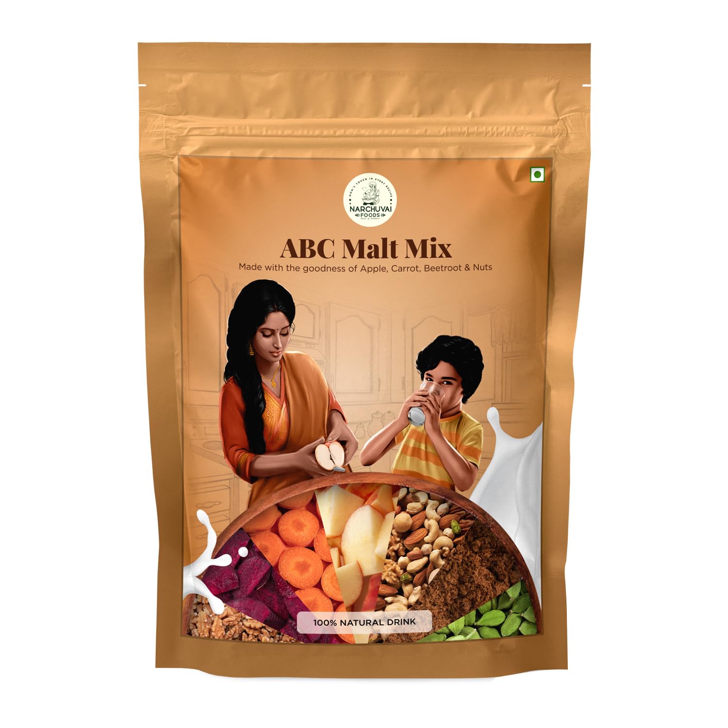 Narchuvai Foods ABC Malt Mix - Instant Apple, Beetroot, Carrot Milk Powder | Sugar-Free Health Drink for Kids, Women & Adults | Rich in Nutrients & Energy | Perfect for Breakfast, Post-Workout & Travel | 250g