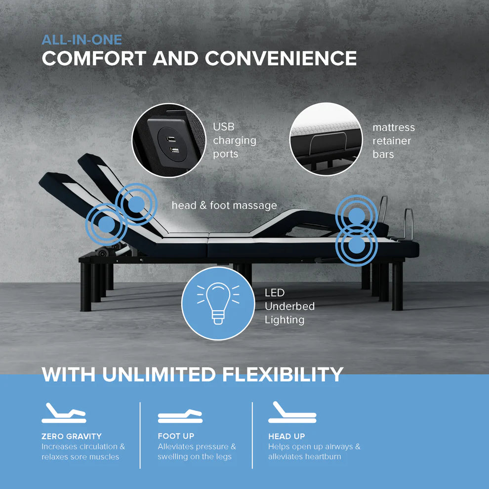 ZZZEN E4 Split Top Flex Head Adjustable Bed Frame with Massage, Zero Clearance Design, Nightlight & USB Ports - Perfect for Back Pain Relief, Couples & Home Theater Comfort
