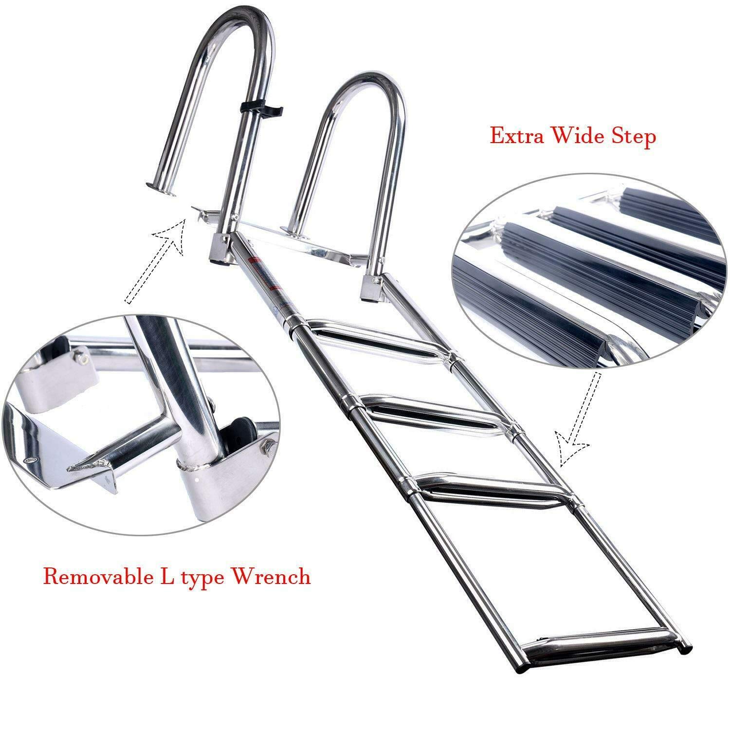 **Amarine Made 4-Step Folding Stainless Steel Pontoon Boat Ladder – Telescoping Dock Ladder with Wide Steps, Pedal Hand Rail & Retaining Strap (400lb Capacity) – Perfect for Swimming, Boarding & Water Sports**