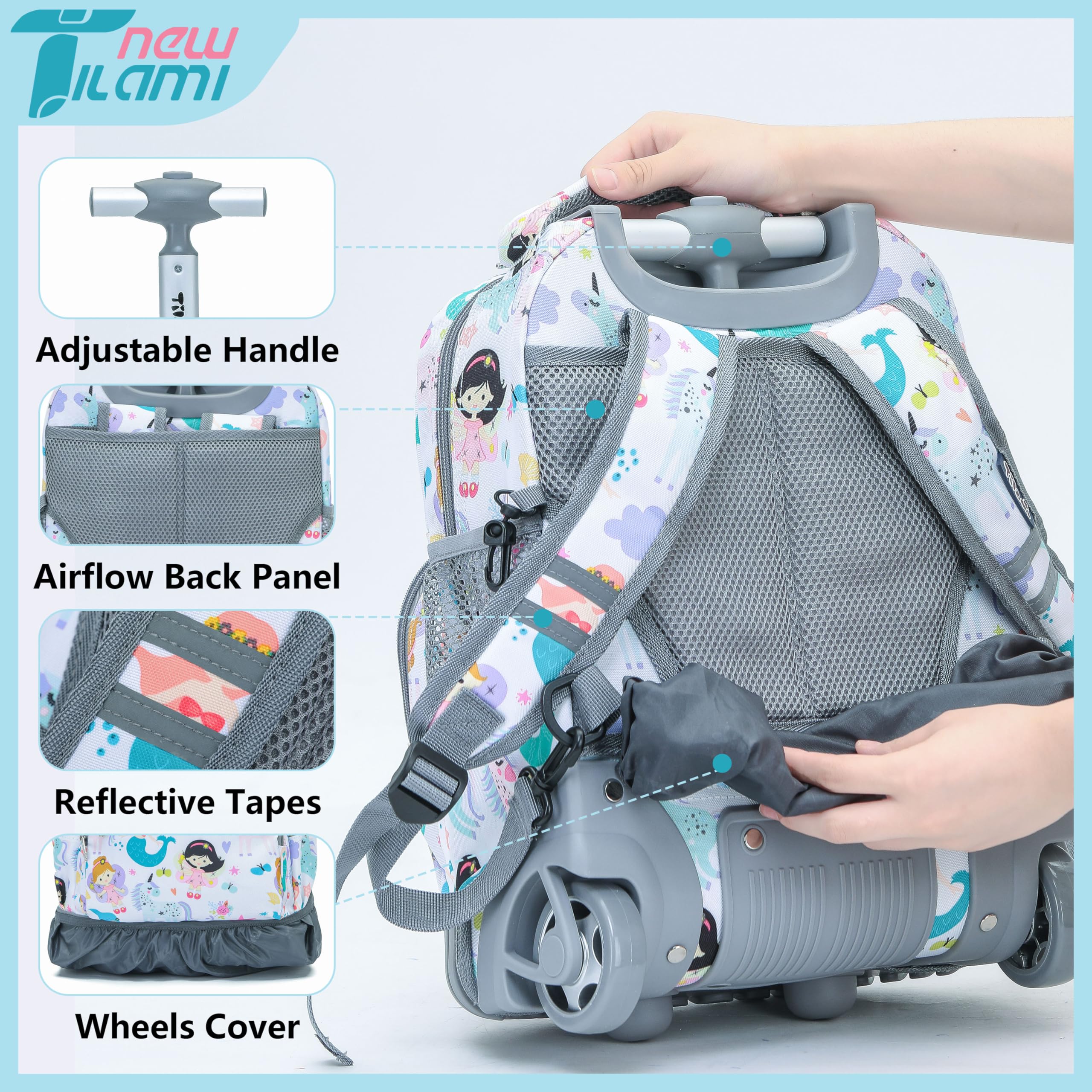 TILAMI 16 Inch Rolling Backpack for Boys & Girls - Wheeled School Backpack with Laptop Compartment, Durable Travel Backpack for Kids - Mermaid Design | Perfect for School, Travel, and Daily Commute