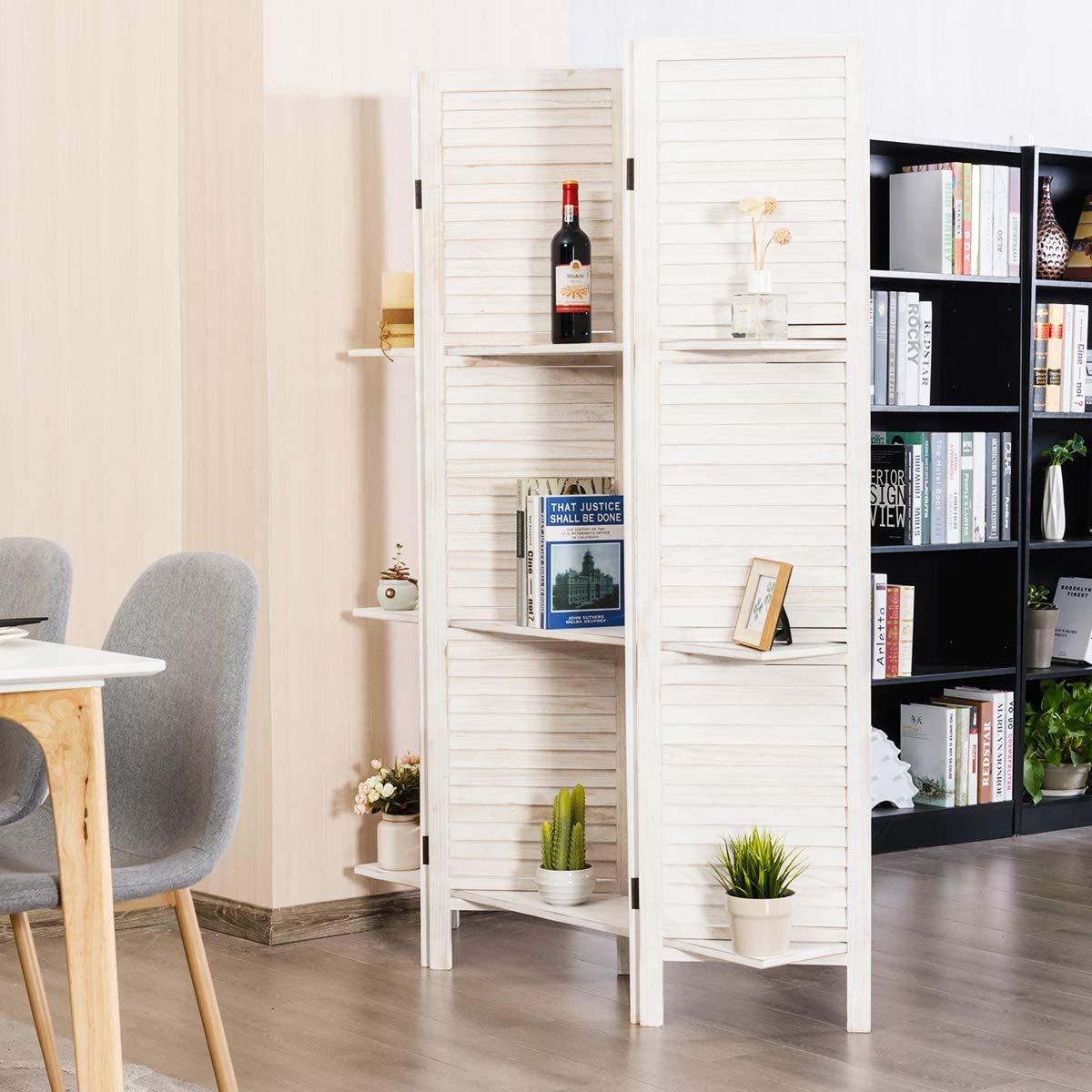 Happygrill 4 Panel Folding Room Divider with Display Shelf - 5.6 Ft Tall Privacy Screen for Home Office, Bedroom Separation & Space Partition - Perfect for Creating Private Workspaces, Room Dividers for Apartments, and Decorative Room Separators