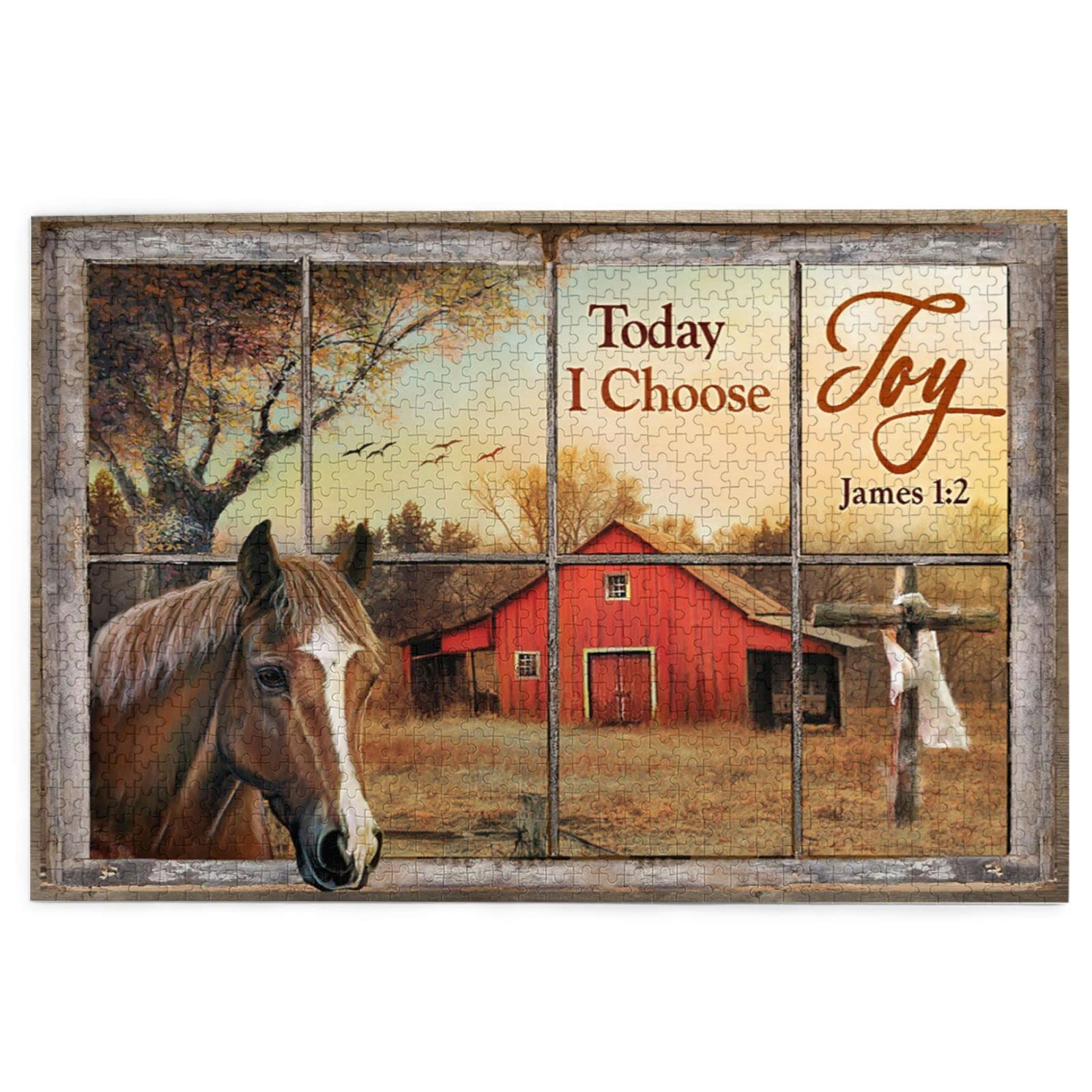1000 Piece Jigsaw Puzzle for Adults - Horse Sunset Red House Cross 