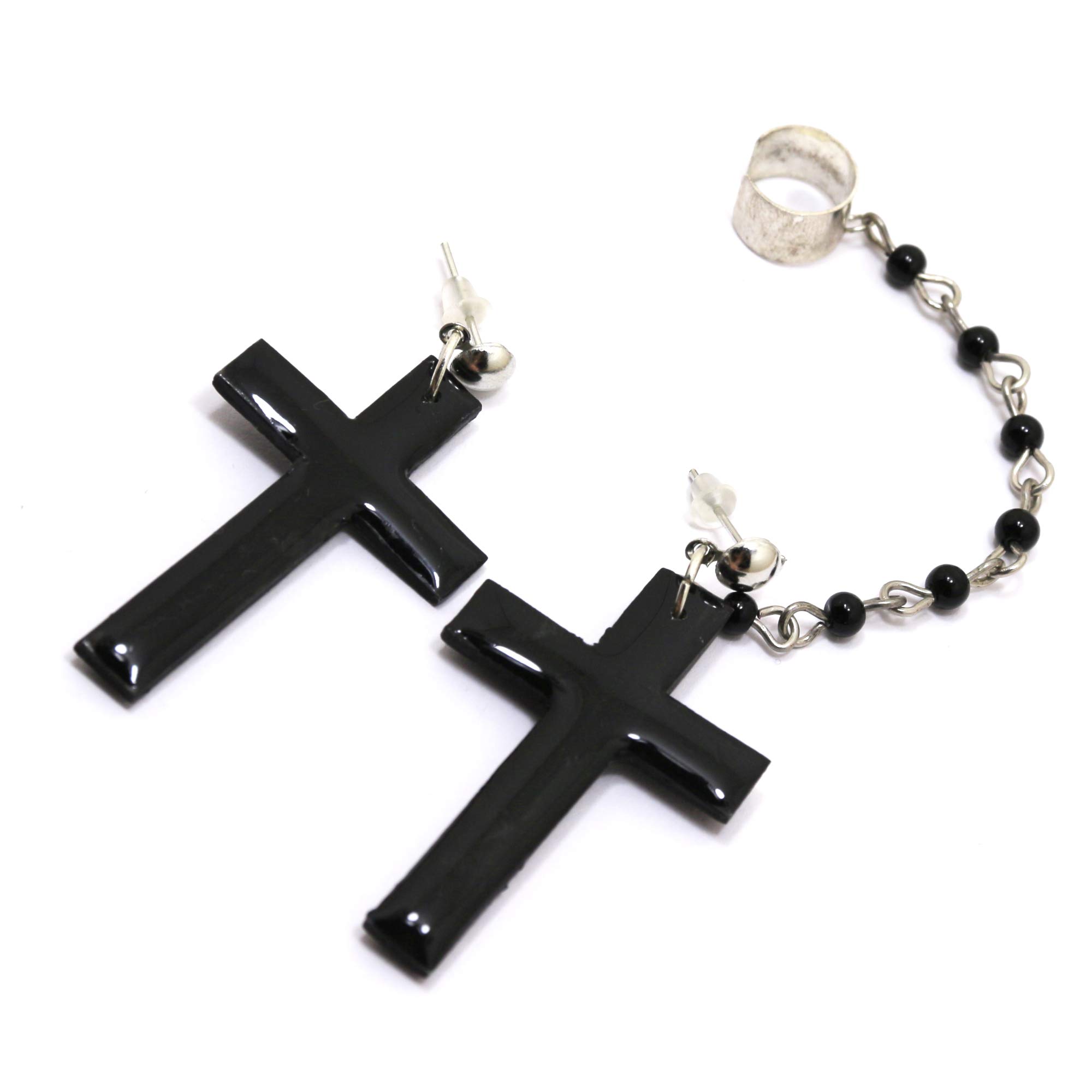 Handmade Gothic Cross Ear Cuff - Black Polymer Clay Stud Earrings with Beaded Chain - Epoxy Resin Jewelry for Women - Perfect for Halloween, Gothic Fashion & Alternative Style