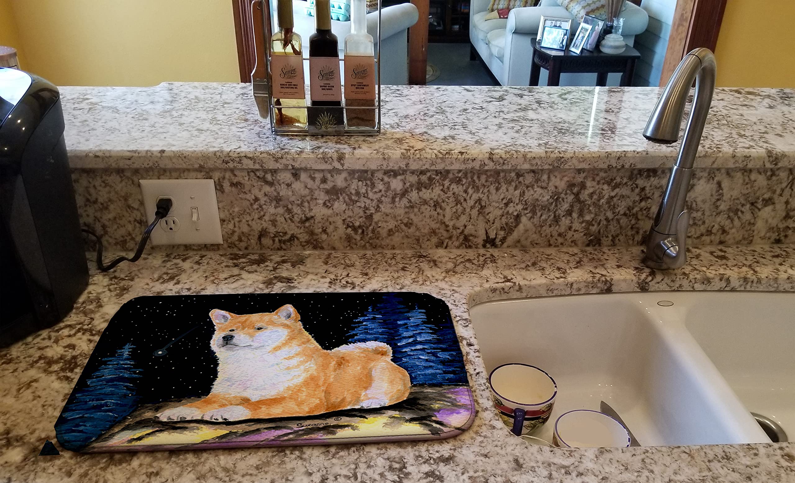 Starry Night Shiba Inu Dish Drying Mat - Absorbent Kitchen Counter Pad (14x21