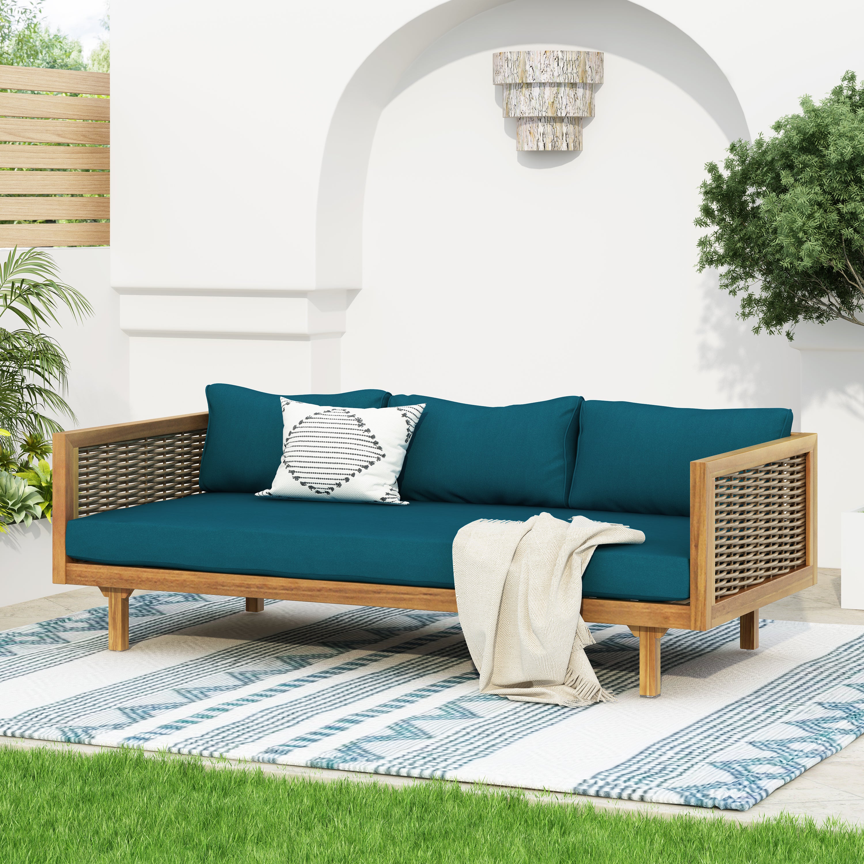 CLAREMONT 3-Seater Rattan Arm Daybed with Teak Cushion - Perfect for Patio, Sunroom or Outdoor Lounge Relaxation
