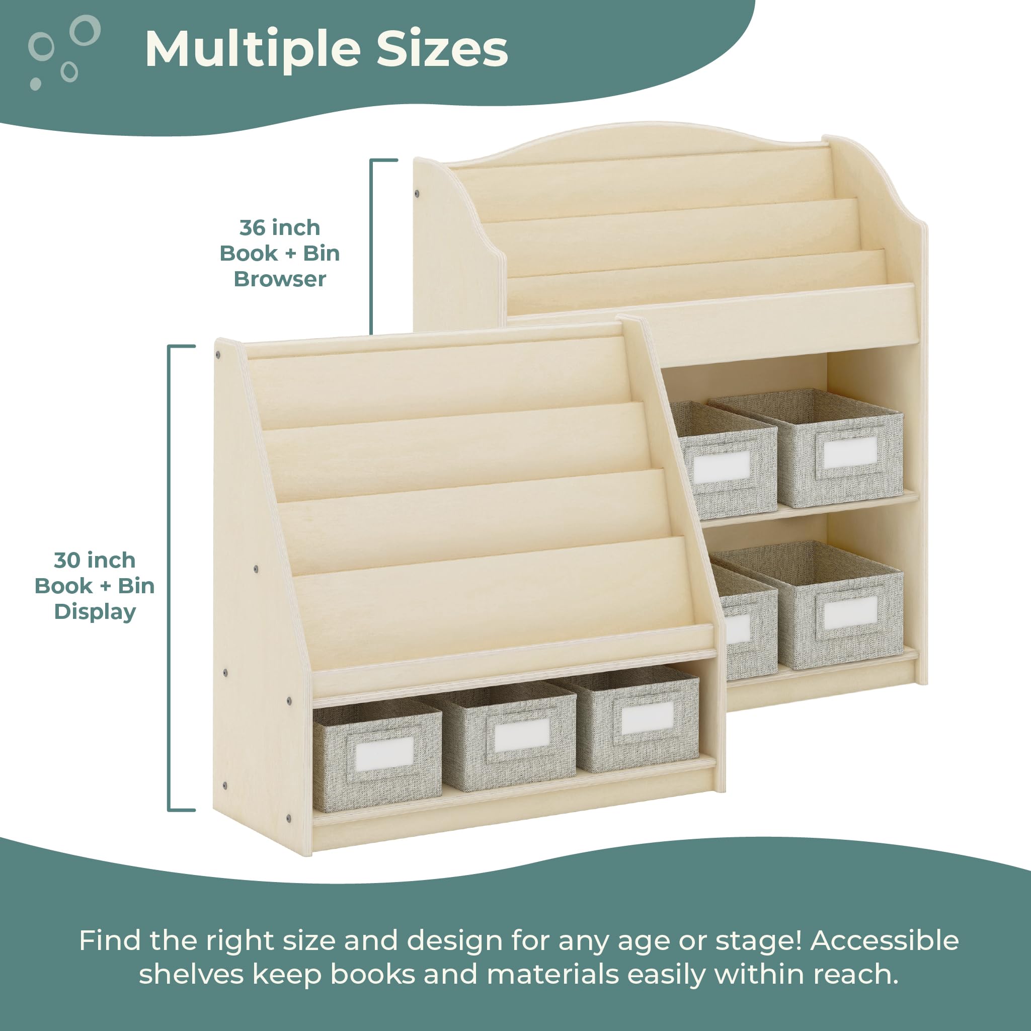 Guidecraft EdQ Book and Bin Browser Natural - 6 Fabric Storage Bins for Kids, Book Display & Toy Organizer - Classroom & Playroom Storage Furniture for Books, Toys & School Supplies