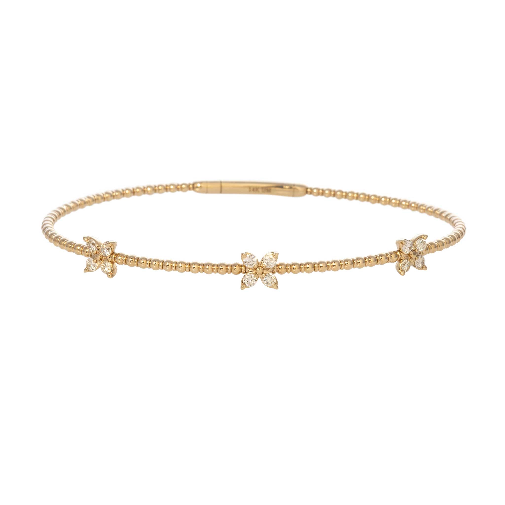 14K Yellow Gold Diamond Flower 3-Station Flexible Bangle Bracelet for Women - Elegant Gift for Anniversary, Wedding & Special Occasions