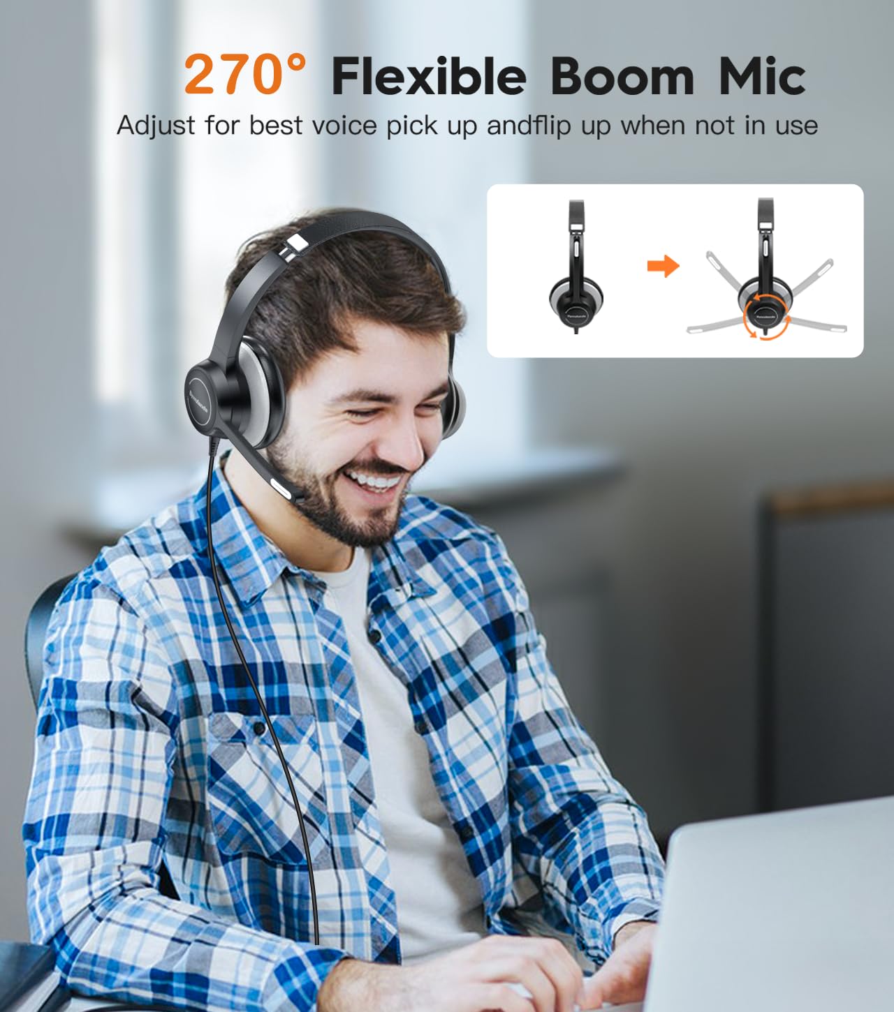 Noise Cancelling USB Headset with Microphone for PC & Laptop - Wired Computer Headset with In-Line Controls, USB-A/USB-C Compatible for Work, Home Office, Call Center, Gaming & Online Meetings