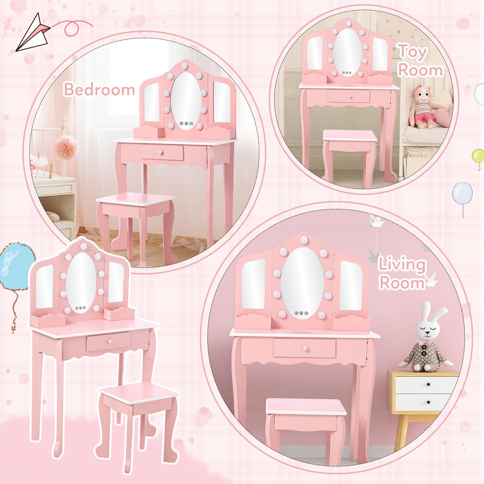 Kids Vanity Set with 3 Mirrors & Stool - Wooden Princess Makeup Play Table for Toddlers & Girls (Pink) | Perfect for Pretend Play, Birthday Gifts & Bedroom Decor