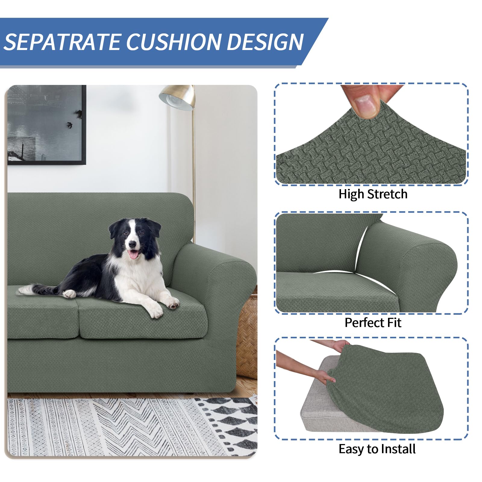 JIVINER 3-Piece Stretch Sofa Slipcover Set for 2-Cushion Loveseat - Includes 2 Extra Large Seat Covers, Thick Fitted Couch Cover in Army Green - Perfect for Living Room, Apartment & Home Decor Protection