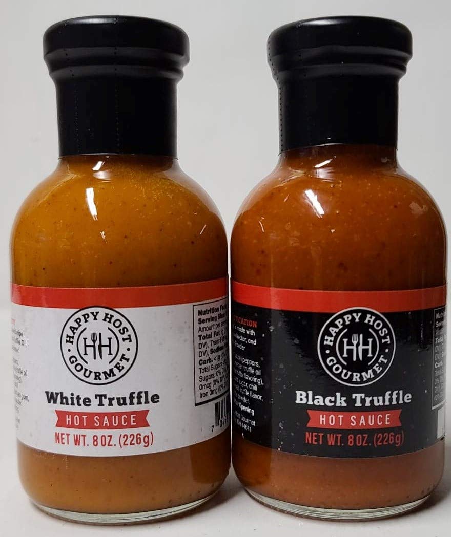 Happy Host Gourmet Black & White Truffle Hot Sauce 2 Pack - Premium Spicy Sauce with Ripe Chili Peppers, Agave Nectar, Real Truffle Oil, Cumin & Coriander | 25% Larger Bottles | Perfect for Pizza, Pasta, Burgers & Gourmet Cooking