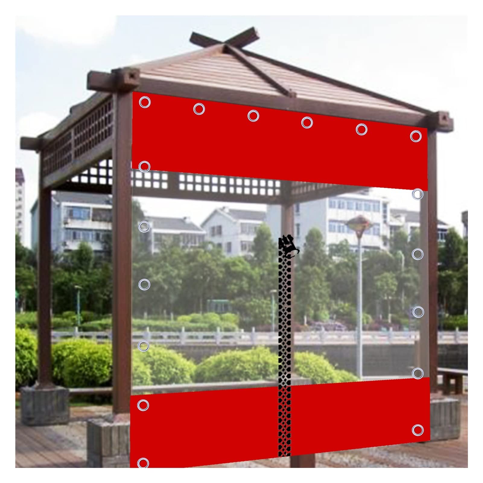 PLOEA Heavy Duty Outdoor Curtains with Zipper & Hooks - Clear Waterproof Tarps with Grommets for Carports, Pavilions, Canopies, Boats, Barns - UV Resistant Red Weatherproof Shelter (6.23x8.2ft/1.9x2.5m) - Perfect for Patio, Garage, RV & Camping Protection