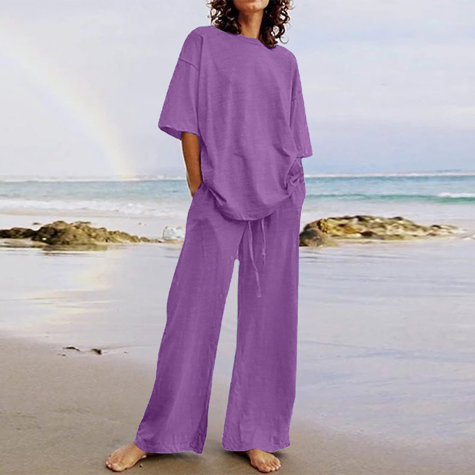 Women's Lounge Wear Sets - 100% Cotton Linen Jogging Suits & Wide Leg Pants | Casual Comfort Outfits for Home, Yoga & Relaxation | Gift Ready 5-Piece Set