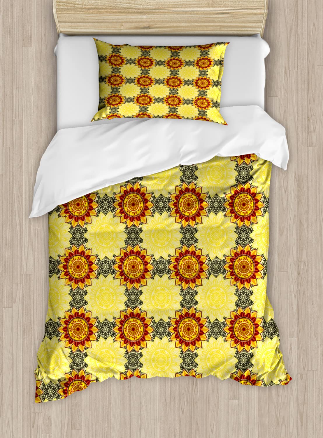 Ambesonne Mandala Duvet Cover Set - King Size 2-Pack with 2 Duvet Covers & 4 Pillowcases | Vibrant Yellow Black Ruby Bohemian Floral Pattern | Perfect for Bedroom Decor, Guest Room, and Boho Chic Home Styling