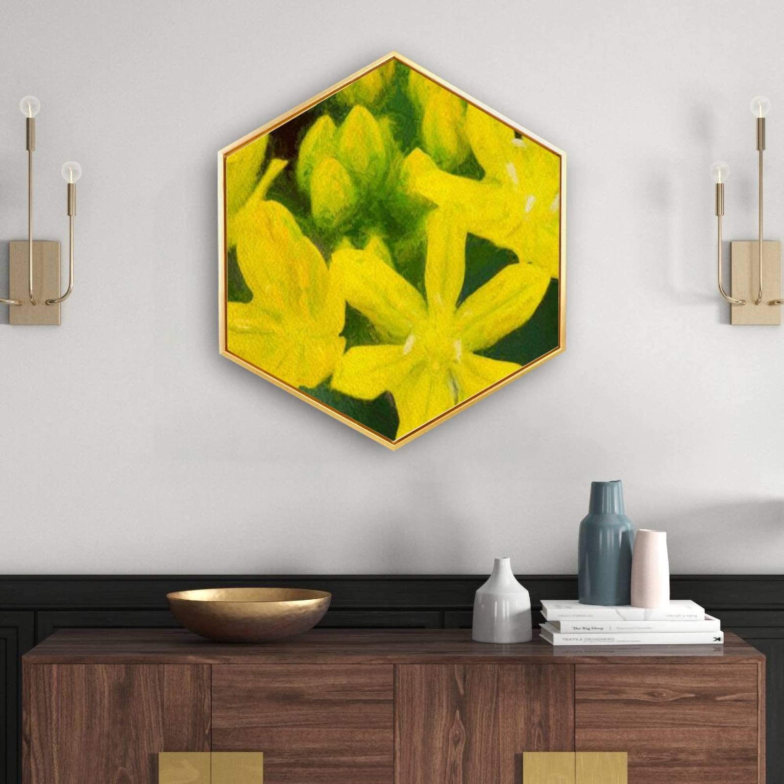 Golden Framed Yellow Allium Garlic Canvas Wall Art - Modern Minimalist Giclee Print Hexagon Wall Decor for Home & Office - Ready to Hang - Perfect for Living Room, Bedroom & Workspace Decor