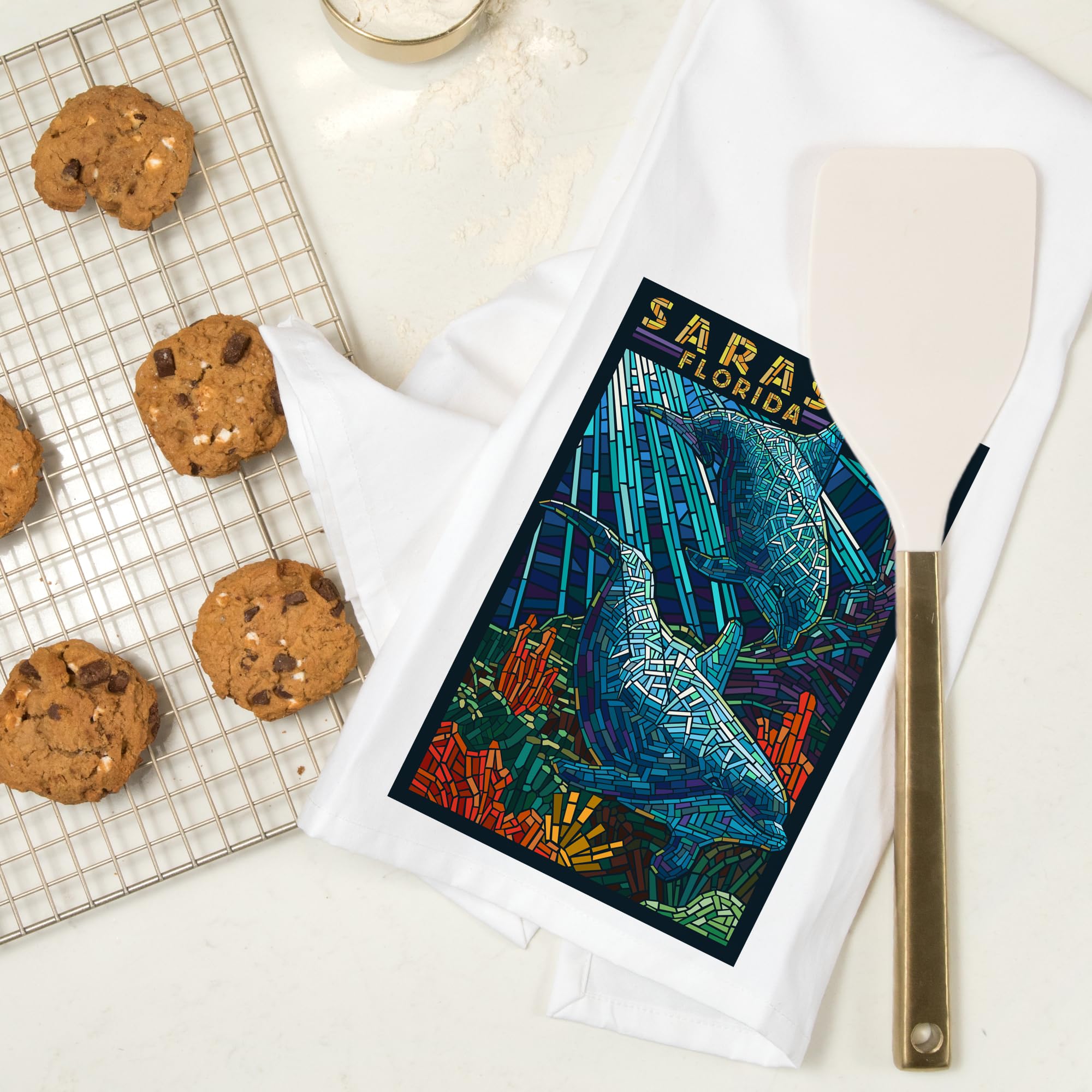 Lantern Press Sarasota Florida Dolphin Paper Mosaic Tea Towel - 100% Cotton Decorative Hand Towel for Kitchen & Home Decor | Perfect for Beach House, Coastal Decor & Gift Giving