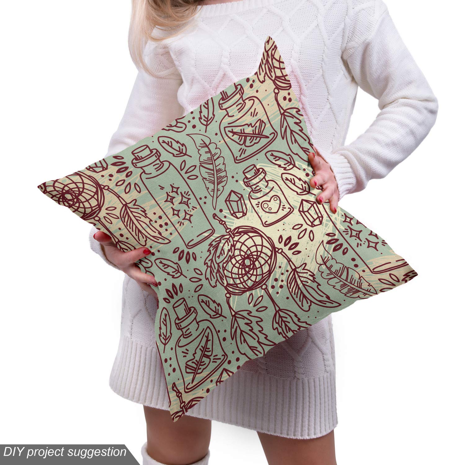 Ambesonne Bohemian Fabric by The Yard - Feathers, Crystals, Bottles, Alchemy Tribal Design with Dreamcatcher Pattern | Decorative Upholstery Fabric for Furniture, Curtains, Pillows & Home Decor | 10 Yards, Maroon Seafoam Ivory | Perfect for Boho Chic Living Rooms, Bedrooms & DIY Craft Projects
