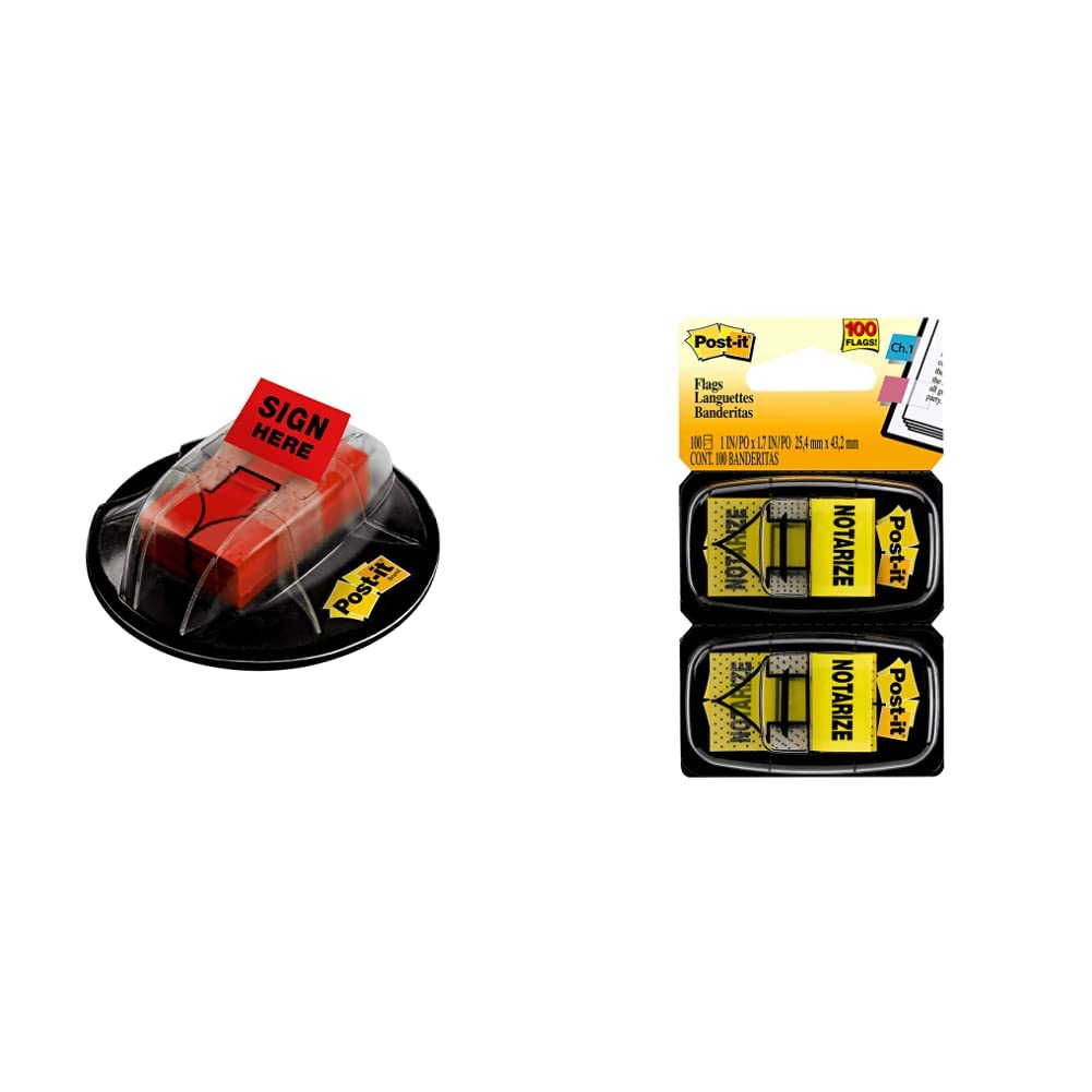 Post-it Message Flags - 'Sign Here' Red & 'Notarize' Yellow, 1-Inch Wide, 200+50 Flags with Desk Grip Dispensers (680-HVSHR & 680-NZ2) | Perfect for Document Marking, Office Organization & Legal Paperwork