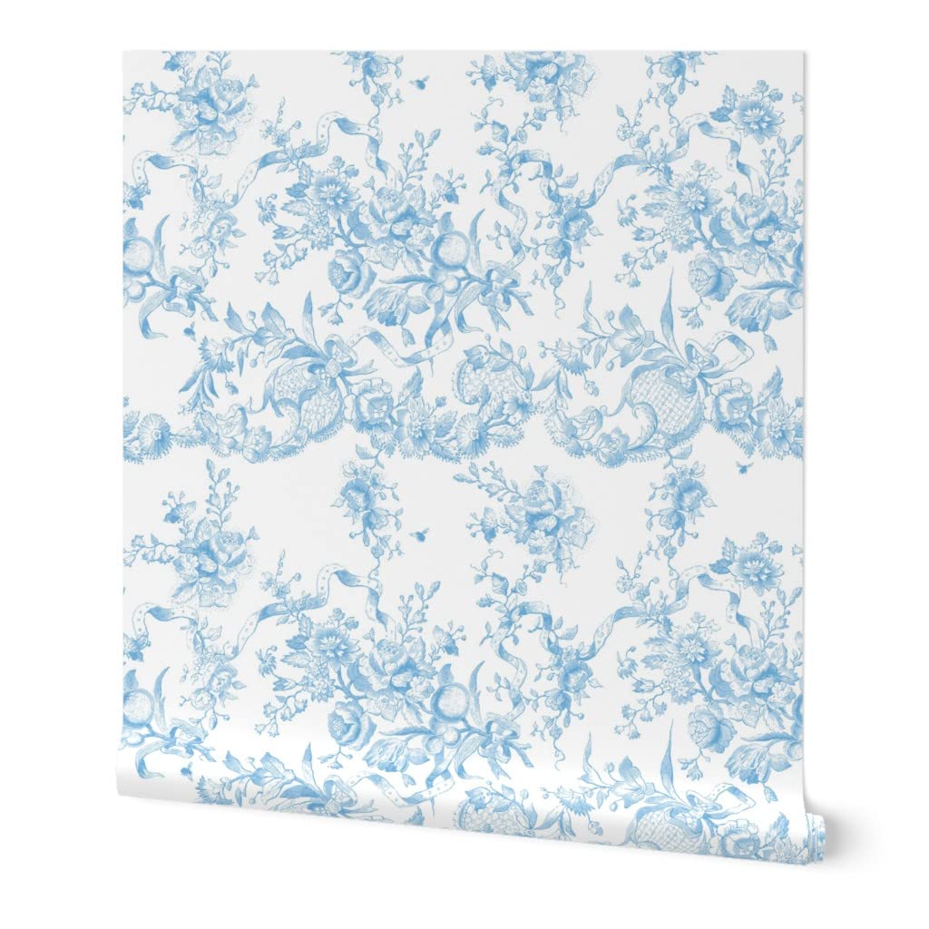 Peel & Stick Removable Wallpaper - 9ft x 2ft Toile Floral Fruit Summer Bee Design in Blue & White | Perfect for Wedding Decor, Nursery, Bedroom & Home Renovation