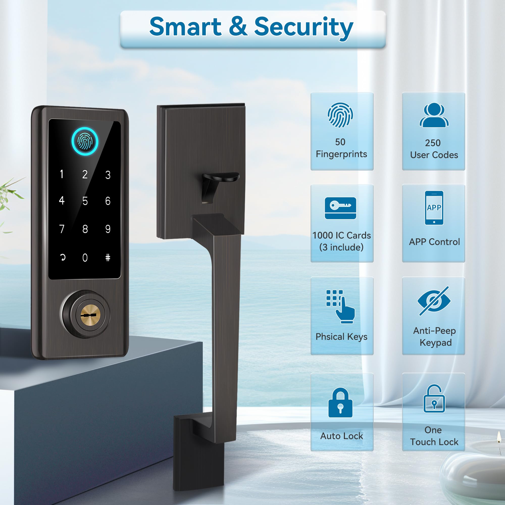 BEBASIA Smart Fingerprint Door Lock with Keyless Entry - Bluetooth Electronic Keypad Deadbolt & Handle Set in Aged Bronze for Front Door Security | Perfect for Homes, Apartments & Vacation Rentals