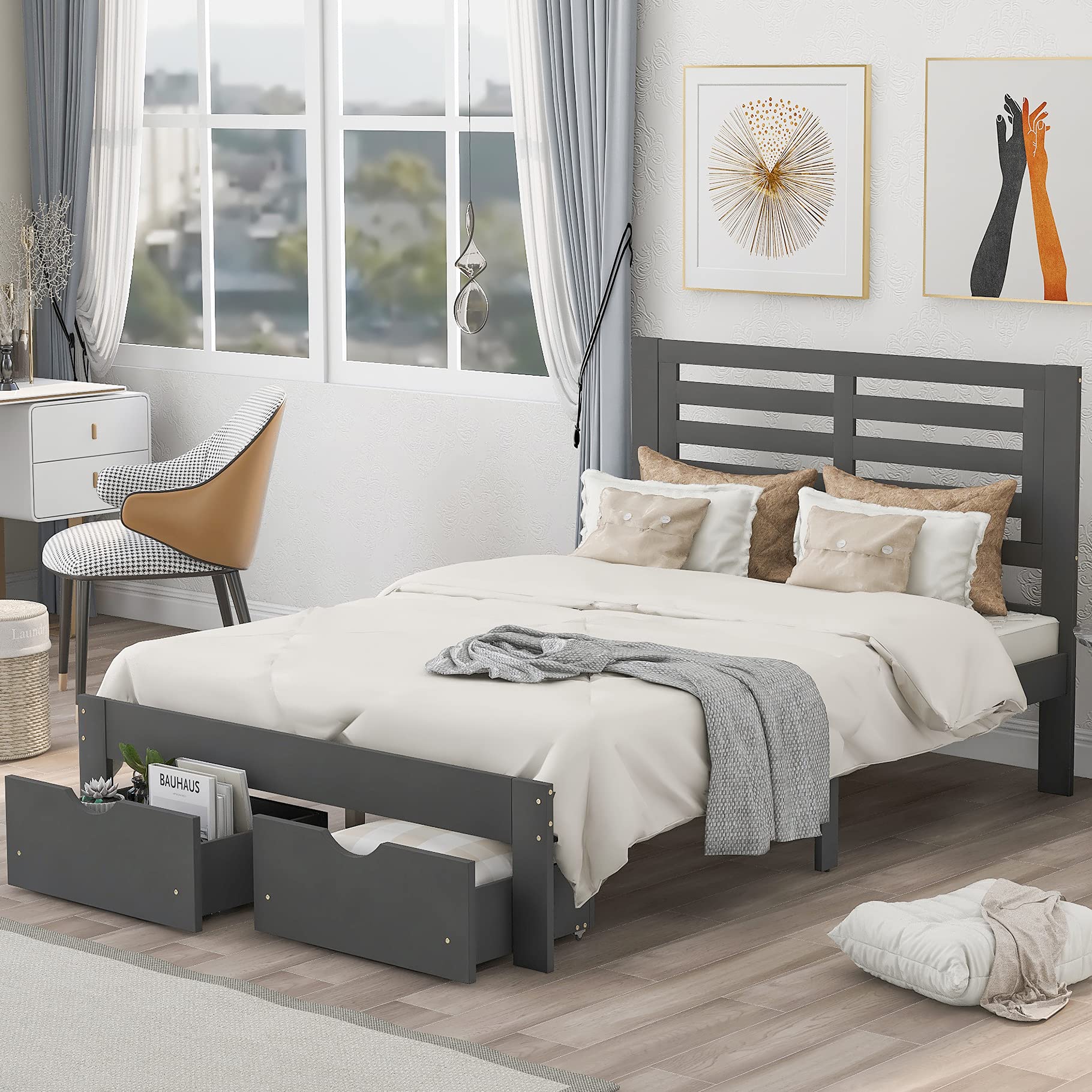 MERITLINE Full Size Wooden Platform Bed Frame with Storage Drawers & Headboard - Sturdy Kids Bed for Boys, Girls, Teens & Adults - No Box Spring Needed - Grey - Perfect for Small Bedrooms, Dorm Rooms & Guest Rooms