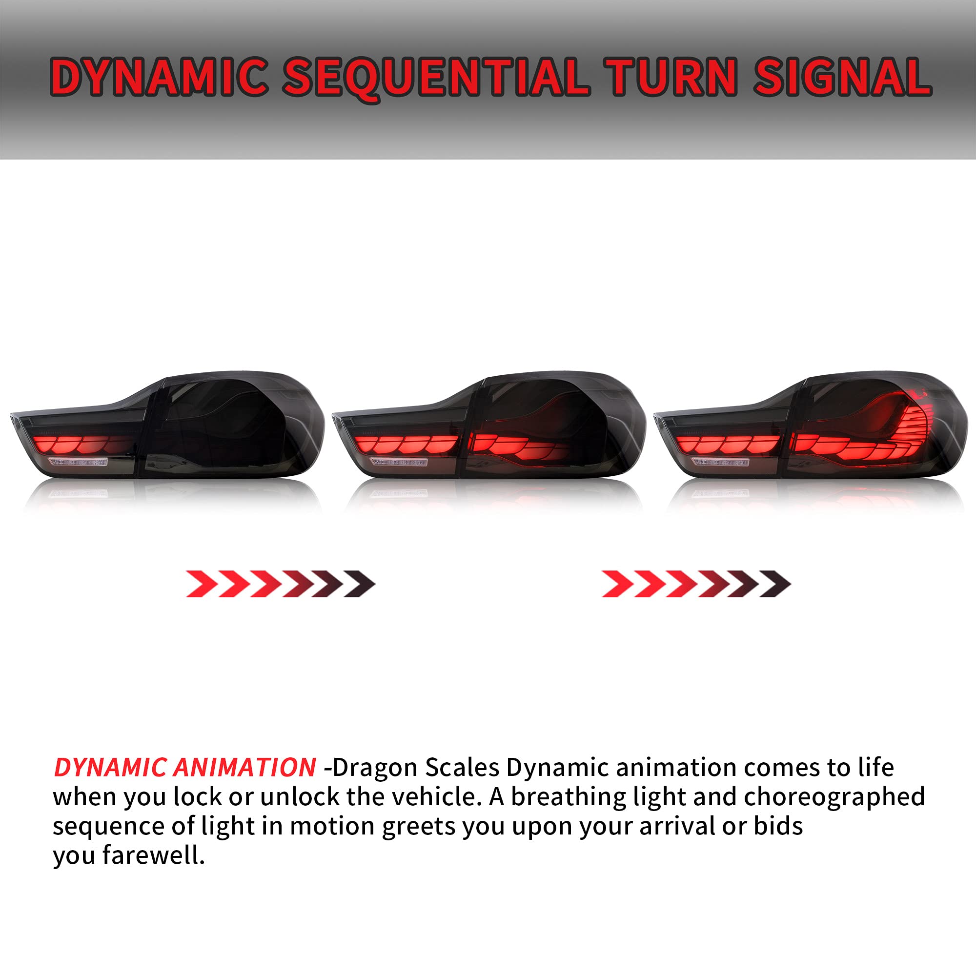VLAND OLED 4 Series Smoked Tail Lights for BMW M4 GTS F32 F33 F82 F36 F83 (2014-2020) - Dynamic Dragon Scales Running Light - Sedan/Coupe/Convertible Upgrade - Enhance Night Driving Safety & Style