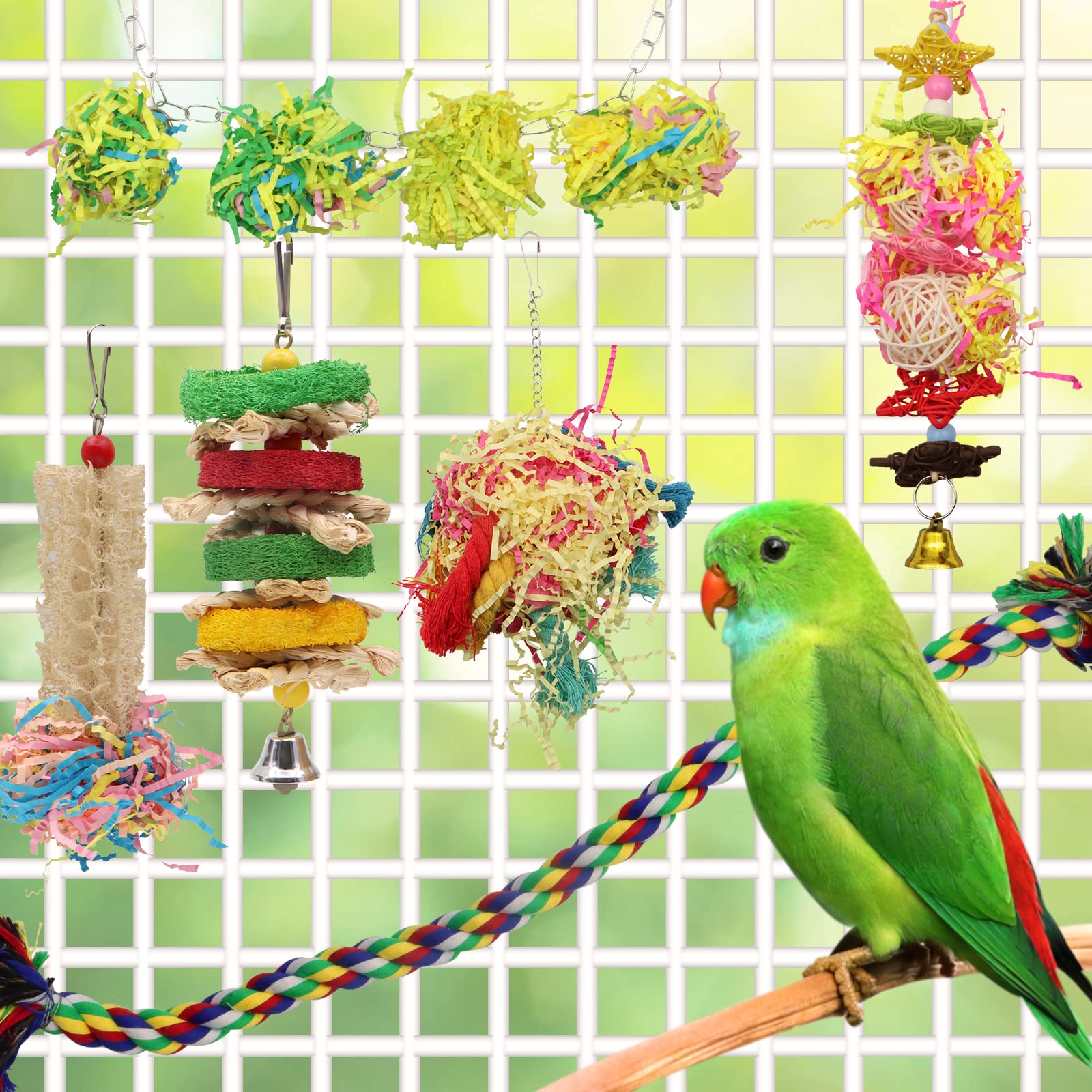 ZOCONE 6 Pcs Bird Foraging Chewing Toys - Parrot Cage Shredder & Loofah Hanging Toys for Cockatiels, Budgies, Lovebirds - Safe Cotton Rope Climbing Toy for Small/Medium Parrots & Finches - Perfect for Cage Enrichment & Mental Stimulation
