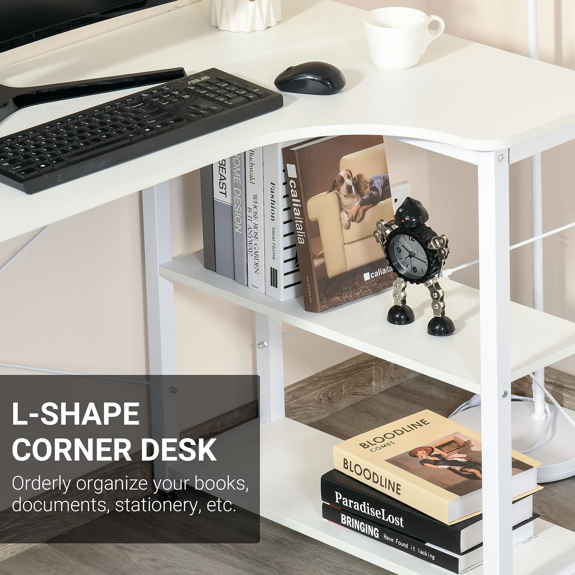 HOMCOM Industrial L-Shaped Computer Desk with 2 Side Shelves & Steel Frame, White Corner Desk for Home Office, Study & Gaming Workstation - Perfect for Small Spaces & Multi-Monitor Setups