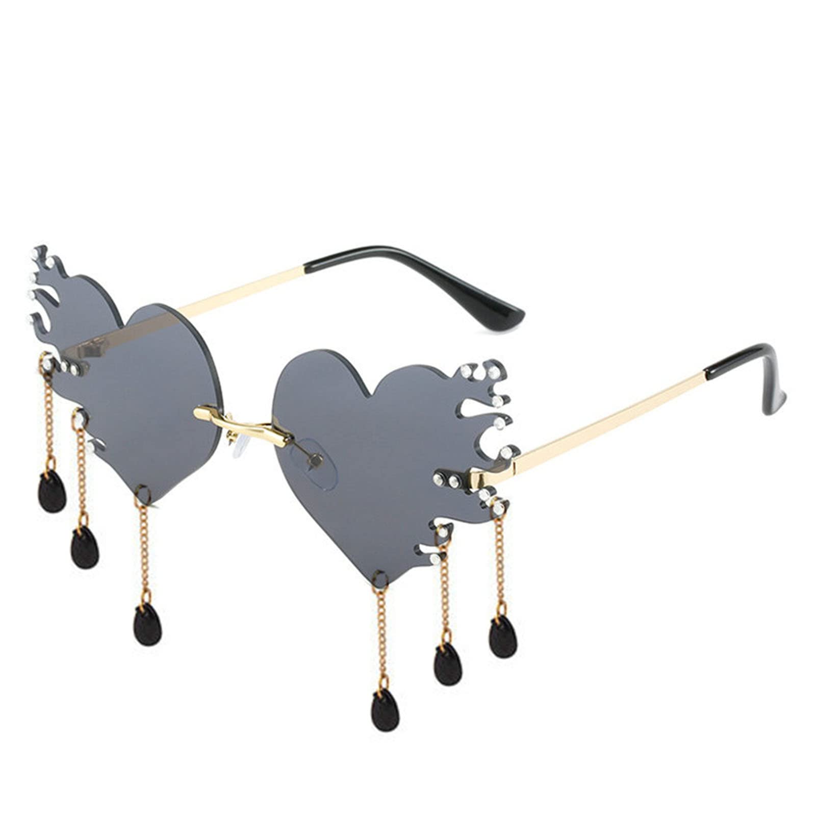 Trendy Vintage 90s Rimless Heart & Flame Sunglasses for Women - Cute, Creative & Funny Disco Glasses for Parties, Festivals & Summer Outfits