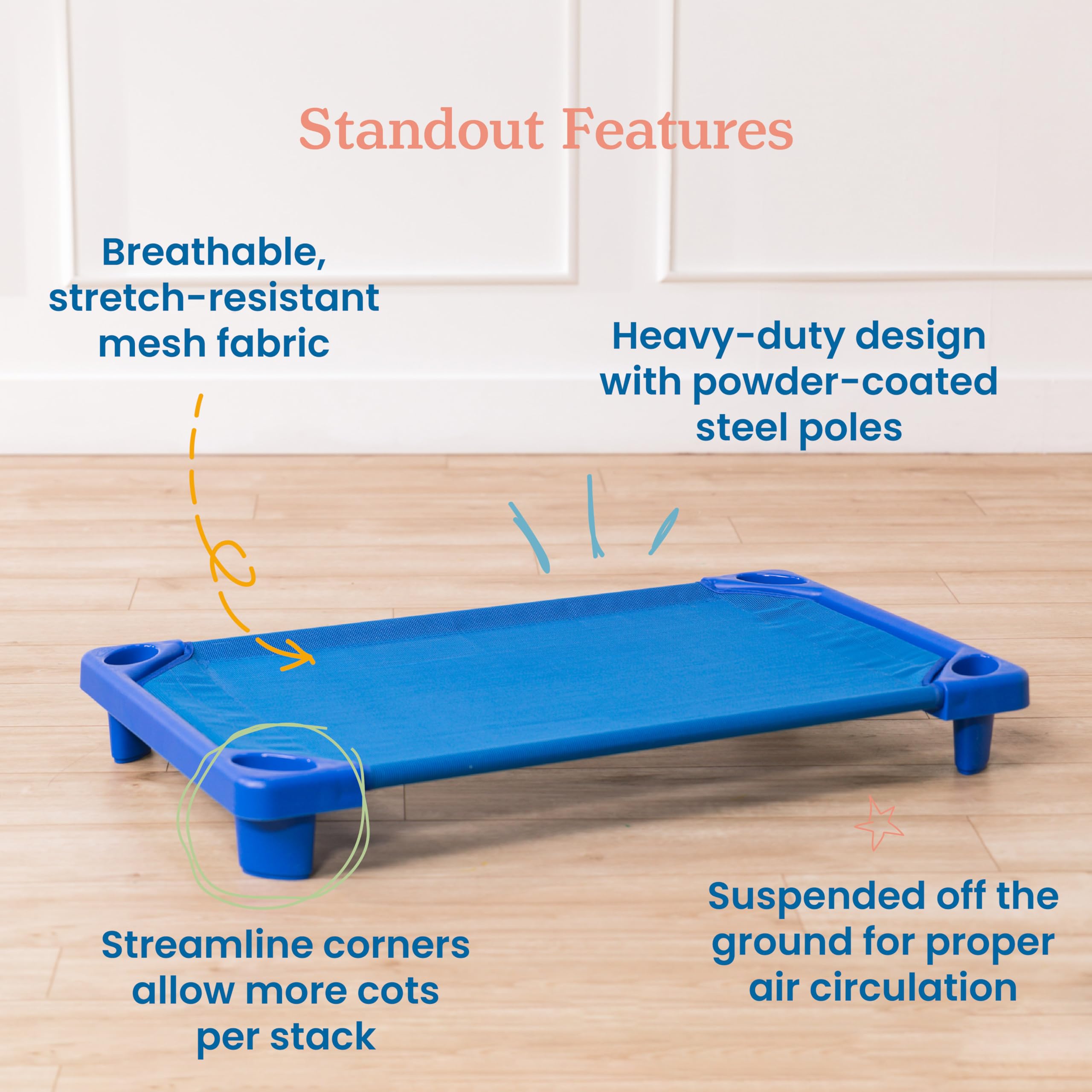 ECR4Kids Streamline Toddler Cot - Blue 6-Pack for Daycare, Preschool & Classroom Nap Time | Durable Kids Sleeping Cots for Early Childhood Education